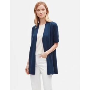 Eileen Fisher Organic Linen Open Front Cardigan Navy Blue Elbow Length Sleeves S